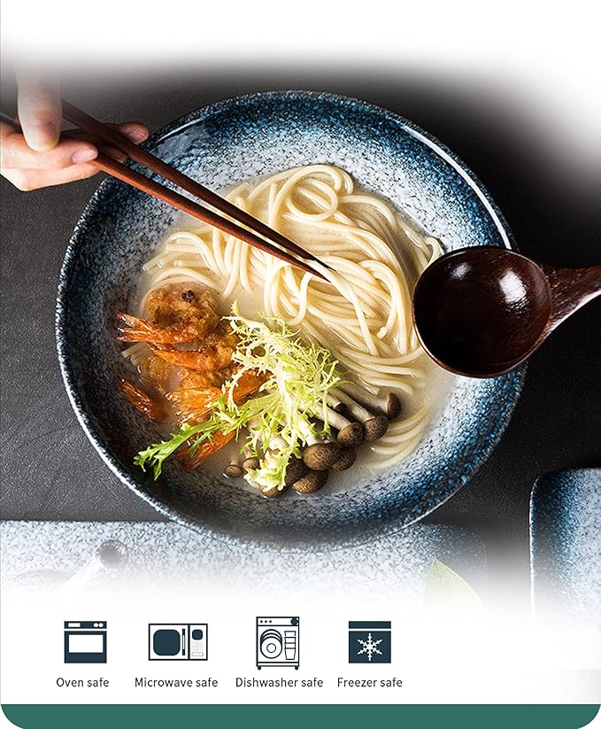 Lareina Ceramic Japanese Ramen Bowls, 2 Sets (6 Piece) 60 Ounce, Large Noodle Soup Bowl with Matching Chopsticks and Spoons for Asian Pho Udon Soba, Blue