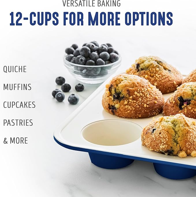GreenLife 12-Cup Muffin Pan, Healthy Ceramic Nonstick Bakeware, PFOA & PFAS-Free Cupcake Sheet, Durable Baking Tray, Versatile Kitchen Essentials, Easy Clean Muffin Mold, Nonstick Baking Pan, Blue