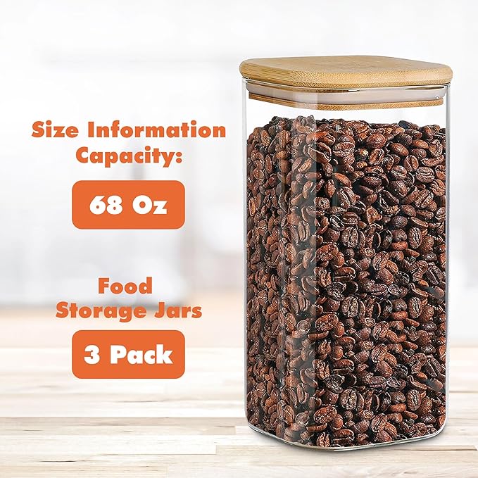 Glass Storage Containers with Airtight Bamboo Lids Set of 3,Pantry Food Glass Jar with Lid,Perfect for Kitchen Organization-Flour,Rice,Pasta,Sugar,Coffee Beans,Accessories Included (3 packs(68oz))