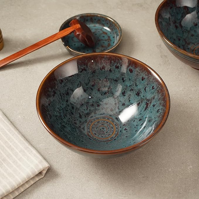 Ceramic Japanese Ramen Bowl Set with Chopsticks,8 inch 40 oz Pho Bowls & Asian Soup Bowl and Spoons Set for Udon Noodle,Soba,Miso Soup,Set of 2(Peacock Green)