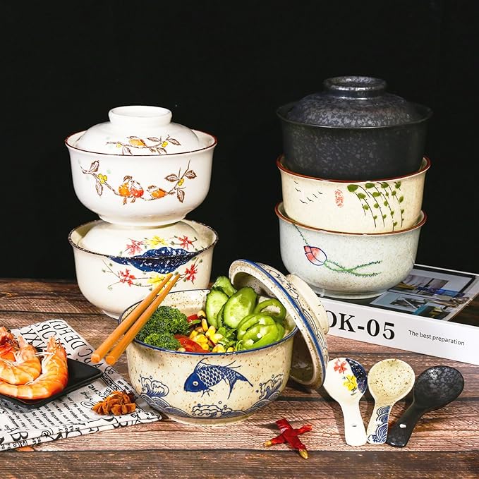 Ceramic Ramen Bowl Set, 800ml, with Lid, Spoon and Chopsticks, Japanese Vintage Large Soup Bowls Instant Noodle Bowl Asian Tableware (Bird*1)
