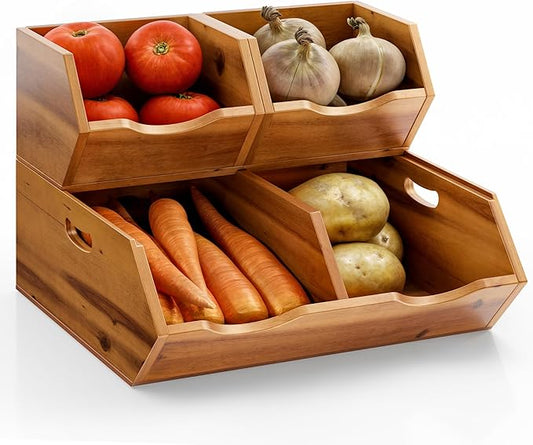 HOLANA Onion and Potato Storage Bins - Acacia Wood Pantry Baskets Organization and Storage - Wooden Stackable Baskets for Bread, Fruit, Vegetable - Onion Basket for Kitchen Counter (Patent Pending)