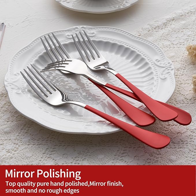 Red Dinner Fork, 18/0 Red handle Stainless Steel Satin Finish 8.1-inch Silverware Flatware Fork Set, Set of 24, Dishwasher Safe