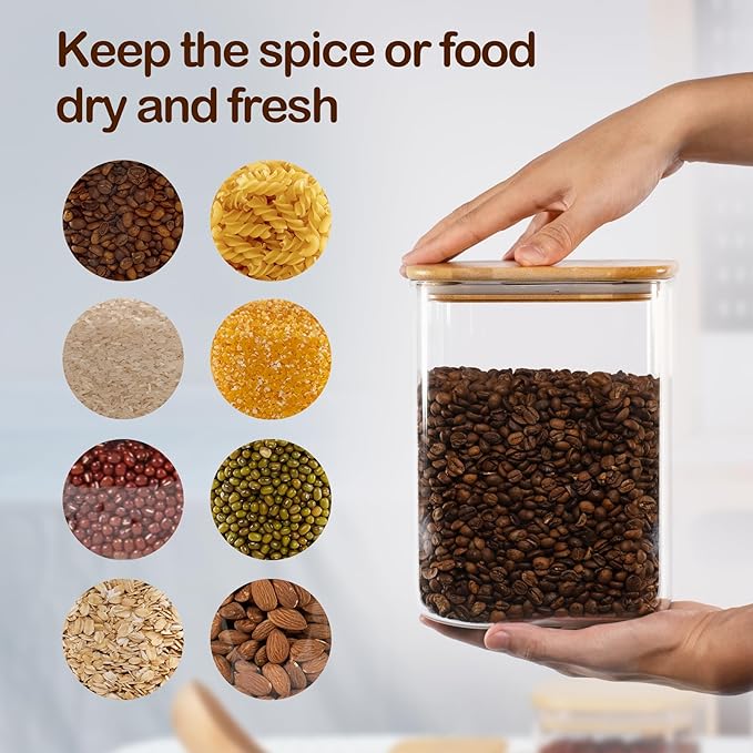 122oz 41oz Airtight Glass Square Storage Canister with Bamboo Lid Set of 2(3600ml*1 1200ml*1) Large Storage Container Gallon Glass Jars, for Sugar, Flour, and Coffee bean (with Black Lable)