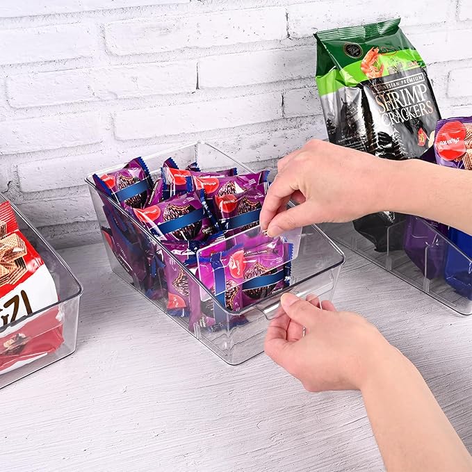 4 Pack Clear Pantry Organizer Storage Bins Removable Snack Organizer Plastic Cabinet Organizers Racks with 3 Dividers, Refrigerator Bins, Kitchen Storage