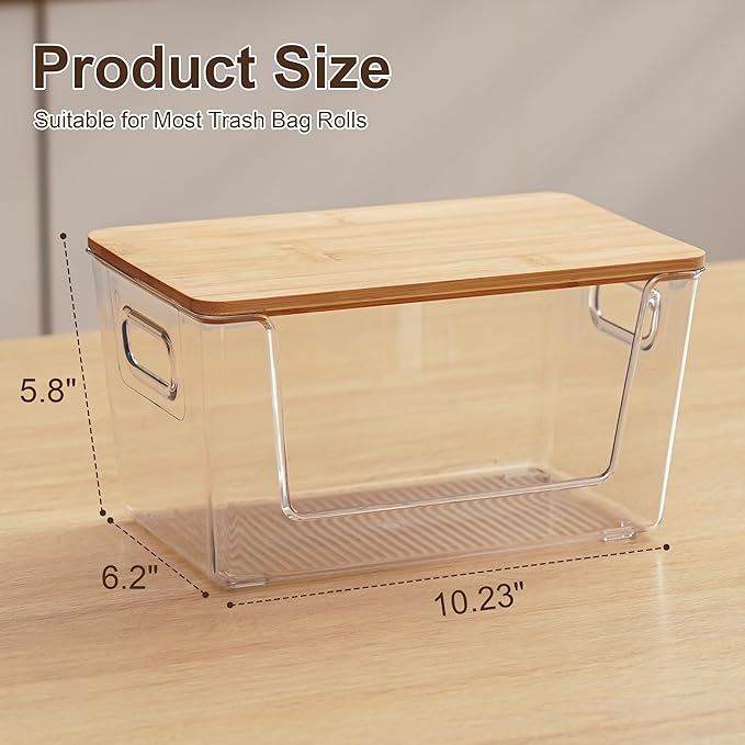 Citylife 2 PCS Small Stackable Storage with Bamboo Top Acrylic Trash Bag Dispenser Open Laundry Room Organizer with Handle