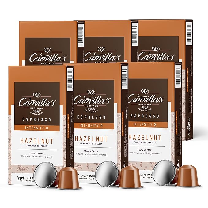 Camilla’s Heritage - Intensity 8 Hazelnut Flavored Espresso Coffee, Gourmet Espresso Cups, 60 Coffee Pods