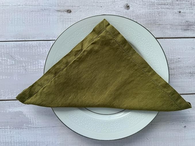Hemstitched Linen Napkins – 20 Inch x 20 Inch – Stonewashed Pure Linen Cloth Dinner Napkins with Mitered Corners - 100% French Flax – Machine Washable - Set of 4 (Olive Green)