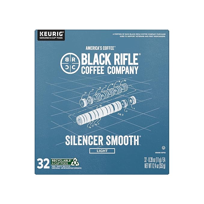 Black Rifle Coffee Company Silencer Smooth, 32 Count, Light Roast K Cups - Single Serve K Cups Coffee Pods - Kcup Pods Compatible with Keurig 1.0 & 2.0 - Made from Arabica Beans