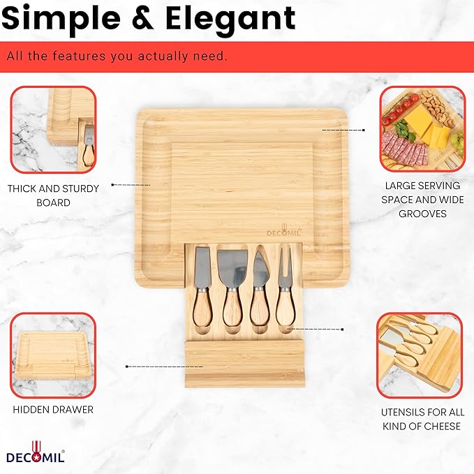 DECOMIL - Bamboo Cheese Board and Knife Set, Charcuterie Set, Cheese Board and Cutlery Set, Cheese Cutting Board,%100 Bamboo and Durable