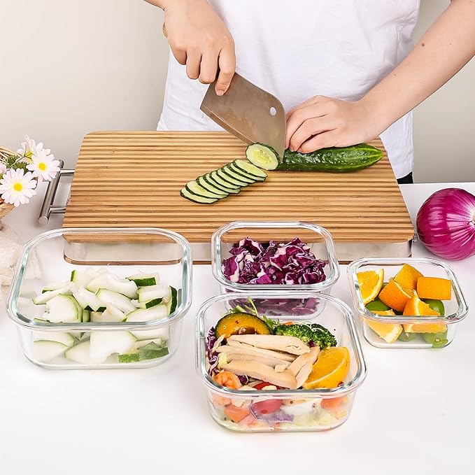 Liuruiyu 8 Pack Glass Food Storage Containers with Lids, Meal Prep Containers, Airtight Bento Boxes with Leak Proof Locking for Microwave, Oven, Freezer and Dishwasher, BPA Free