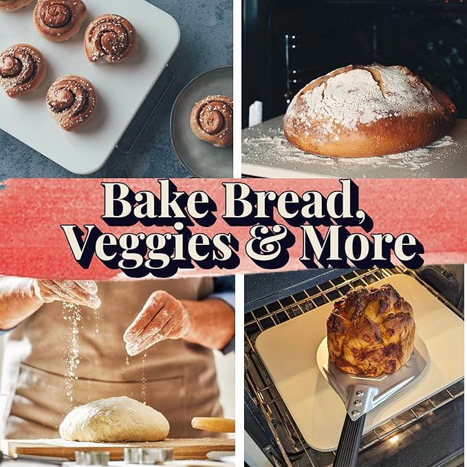 Pizza Stone for Oven and Grill - Rectangle Pizza Stones with Handles and Dough Cutter - 15 inch x 12 inch Grilling Stones - Baking Stone for Bread - Large Oven Stone