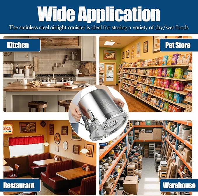 304 Stainless Steel Airtight Canister, 3.17Gal/405oz Airtight Food Storage Container with Lid and Lock Clips, Large Metal Pantry Storage Canister for Coffee Beans, Flour, Tea, Sugar, Cereals