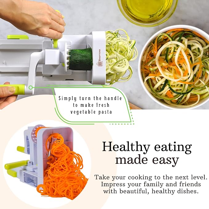 Brieftons QuickFold 5-Blade Spiralizer: Versatile & Compact Foldable Vegetable Spiral Slicer, Best Veggie Pasta Spaghetti Maker for Low Carb/Paleo/Gluten-Free with Brush & 4 Recipe Ebooks