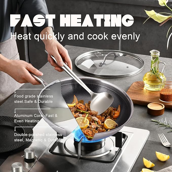 Hybrid Non Stick Wok, 12 inch Frying Pans Nonstick, Stainless Steel woks, PFOA Free Cookware, Dishwasher and Oven Safe, Induction Compatible