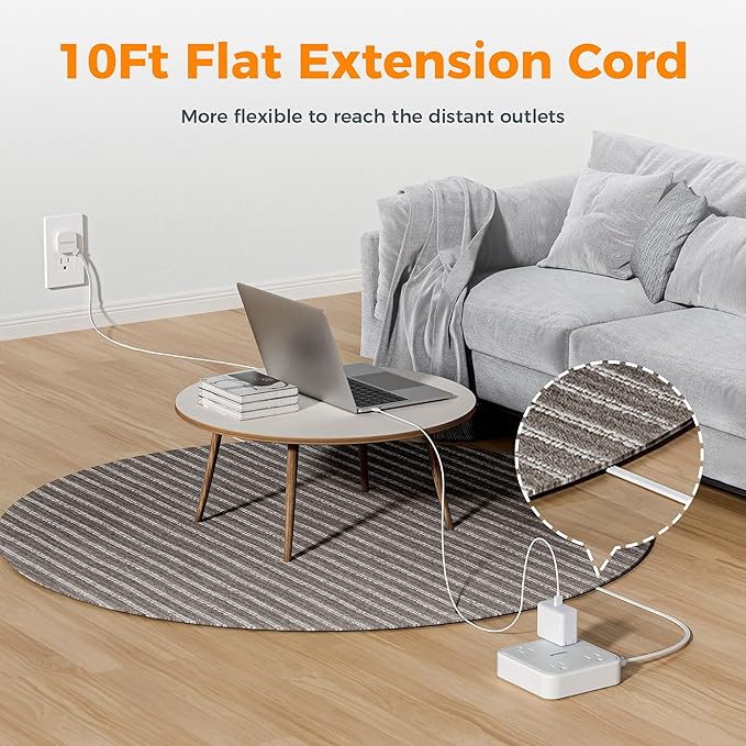 10 FT Surge Protector Power Strip, TESSAN Extension Cord Flat Plug with 4 Widely Outlets Extender, Indoor Desk Charging Station with Surge Protection for Home, Office Supplies, Dorm Room Essentials