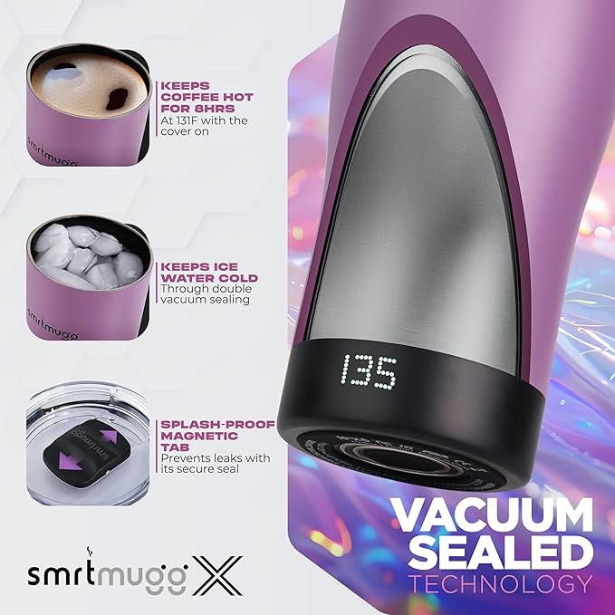 X Heated Coffee Mug 19 oz., 8 Hour Battery Life, Self-Heating, Adjustable Temp Controlled, LCD Screen, Includes Cover with Magnetic Slider (Black) (Lilac)