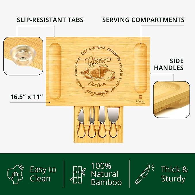 ROYAL CRAFT WOOD Premium Bamboo Charcuterie Board Set - Cheese Platter & Serving Tray & Serving Utensils - Perfect Housewarming Gift, Wedding, Bridal Shower Gift - Ideal for Entertaining and New Home