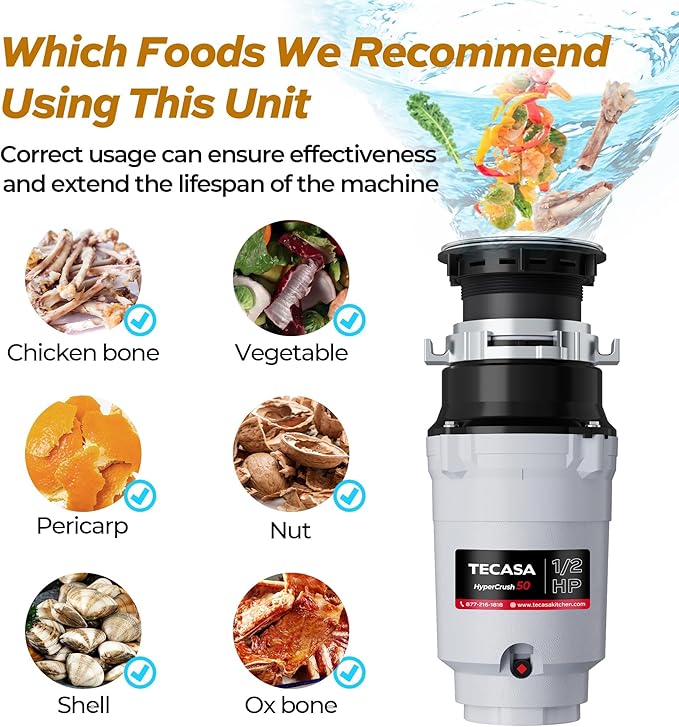 1/2 HP Garbage Disposals, TECASA Continuous Feed, Stainless Steel Food Waste Grinding System for Kitchen Sink Food Waste, Power Cord Included, UL Certified - HyperCrush 50