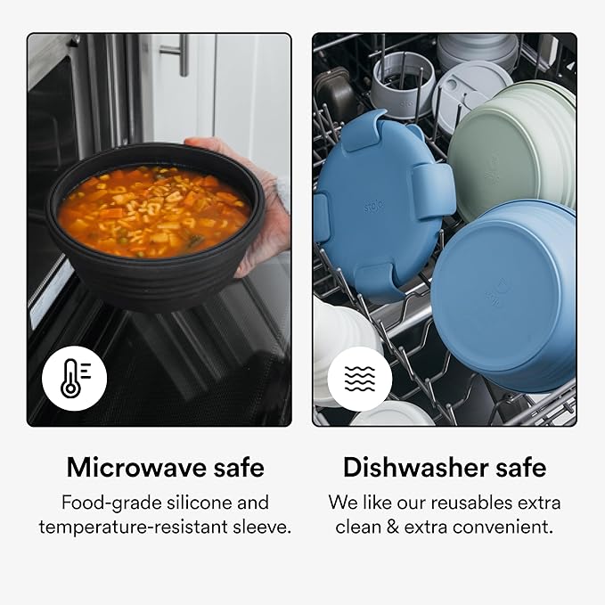 STOJO Collapsible Bowl 3 Set - Translucent Eucalyptus, 36oz - Reusable Silicone Bowl for Hot and Cold Food - Perfect for Travel, Meal Prep, To-Go Lunch, Camping & Hiking - Microwave & Dishwasher Safe
