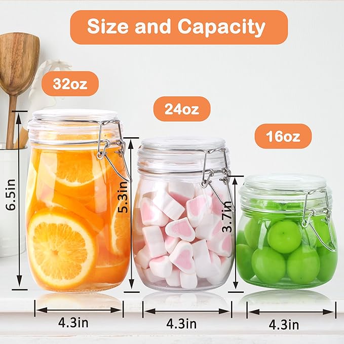 Glass Containers With Lids 24 Oz Food Grade Airtight Glass Jars With Lid 2 Pack Wide Mouth Food Storage Canisters With Clasp For Flour, Coffee, Sugar, Pickle, Beans, Candy, Nuts, Rice, Pasta