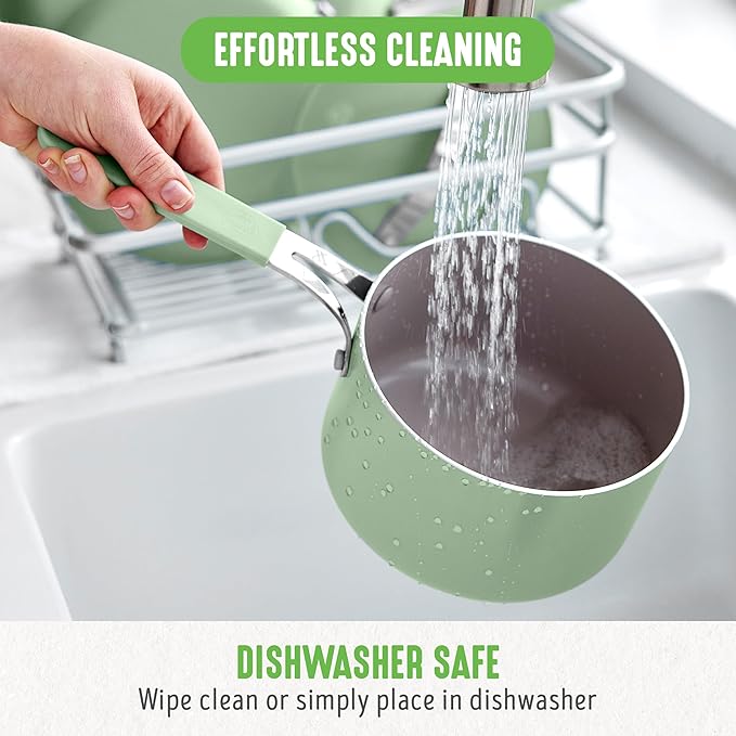 GreenLife 2 Quart Nonstick Saucepan with Lid, Lightweight Healthy PFAS-Free Milk Pan, Dishwasher & Oven Safe Soup Pan, Durable Body, Silicone Stay-Cool Handle, Easy Release Chef’s Pan, Sage Green