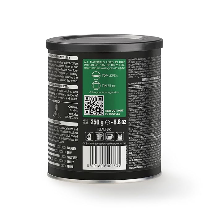 Caffè Vergnano Italian Finely Ground Espresso Coffee, 4 Pack – 100% Arabica for Moka, Intensity 4 – Sweet & Balanced Blend Slow Roasted with Notes of Chocolate, Hazelnut, Caramel, 8.82 oz Tin