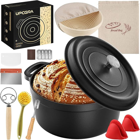 5QT Cast Iron Dutch Oven for Bread Baking, Proofing Basket Sourdough Starter Kit, Bread Making Pan Pot with Lid, Sour Dough Tools Set Includes Lame Supplies, Gifts for Baker
