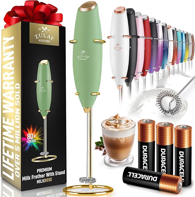 Zulay Kitchen Powerful Milk Frother Wand With 4 AA Duracell Batteries - Ultra Fast Handheld Drink Mixer - Electric Whisk Foam Maker for Coffee, Lattes, Cappuccino, Matcha & Creamer -