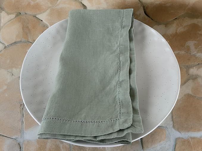 Hemstitched Linen Napkins – 20 Inch x 20 Inch – Stonewashed Pure Linen Cloth Dinner Napkins with Mitered Corners - 100% French Flax – Machine Washable - Set of 4 (Soft Sage Green)