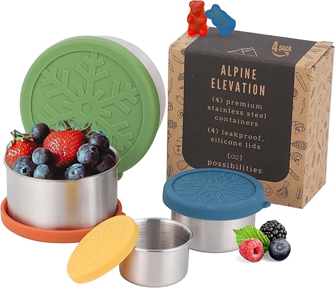 8 Pcs - 4 Stainless Steel Containers + 4 Silicone Lids | 304 Stainless Steel Snack Container | Nesting Snack and Dip Containers | Metal Food Storage