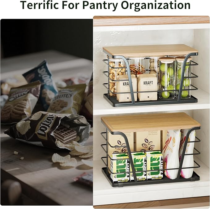 2 Pack Kitchen Organizers and Storage - Stackable Potato and Onion Storage Bin,Kitchen Cabinet Organizer with Lightweight PP Mat and Bamboo Top,Onion Basket for Kitchen Counter Organizers,Black