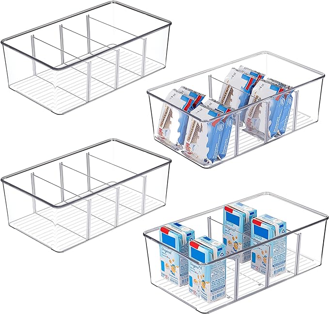 Vtopmart 4 Pack Food Storage Organizer Bins, Clear Plastic Bins for Pantry, Kitchen, Fridge, Cabinet Organization and Storage, 4 Compartment Holder Packets, Snacks, Pouches, Spice Packets
