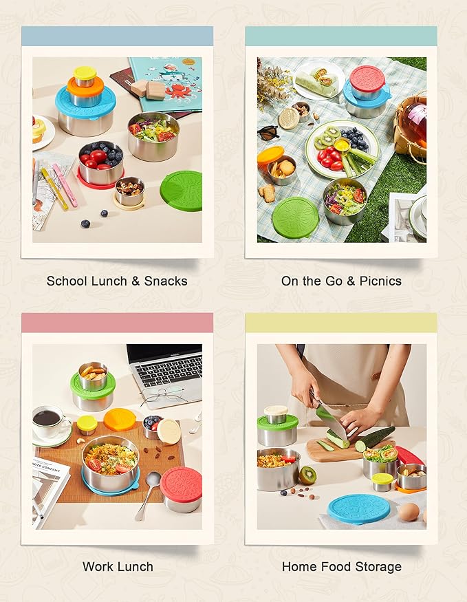 Stainless Steel Food Container with Lids, 6pcs stackable Metal Lunch Box Container for Kids, Daycare, School, Travel | leakproof Sauce Salad Dressing Container to go, From 1.7oz to 33.8oz