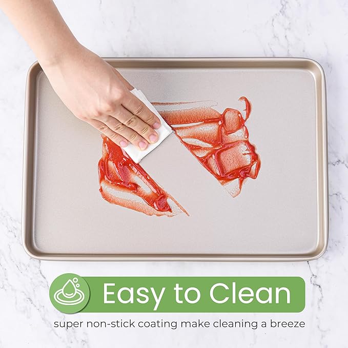 0.8mm 17-Inch Half Sheet Baking Pans,0.8mm Durable Non-Stick Carbon Steel Baking Sheet for Oven,Cookie Sheet Pan for Roasting Meat Bread Jelly Roll 17.52" x 11.73" x 0.91" (Champagne Gold)