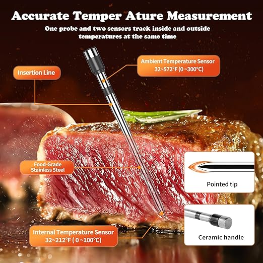 Wireless Meat Thermometer-Multi Sensors Digital Food Thermometer with Ultra-Thin Probe, Accuracy Smart Bluetooth Meat Thermometer for Steak, BBQ, Oven, Grill, Smoker,Recipes in App & Host