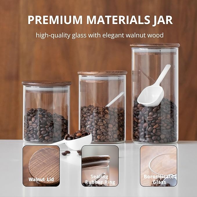 29oz Glass Storage Jars with Airtight Walnut Lid, Clear Glass Containers for Tea, Sugar, Candy, Cookie, Coffee Bean