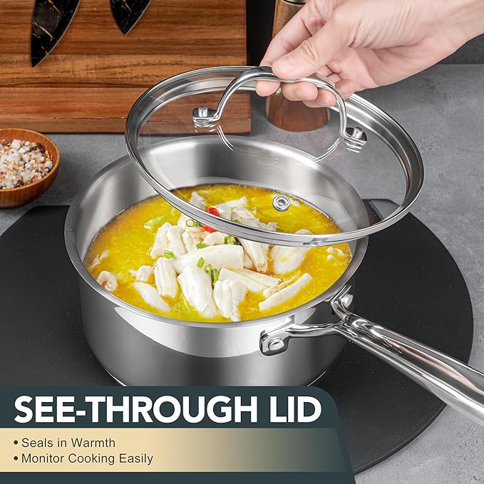 MICHELANGELO Stainless Steel Saucepan Set with Lid, Premium Triply Stainless Steel Sauce Pan with Cool Handle, Nonstick Sauce Pot Set for Kitchen Cooking, Induction Compatible, 1QT & 2QT & 3QT