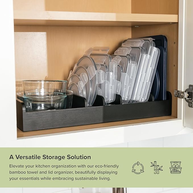 Bamboo Kitchen Towel and Food-Storage Organizer, Perfect for Kitchen Drawers, Cabinets, Pantry, 5 Adjustable Wall Inserts, Non-Slip Feet, Food-Safe Black Finish