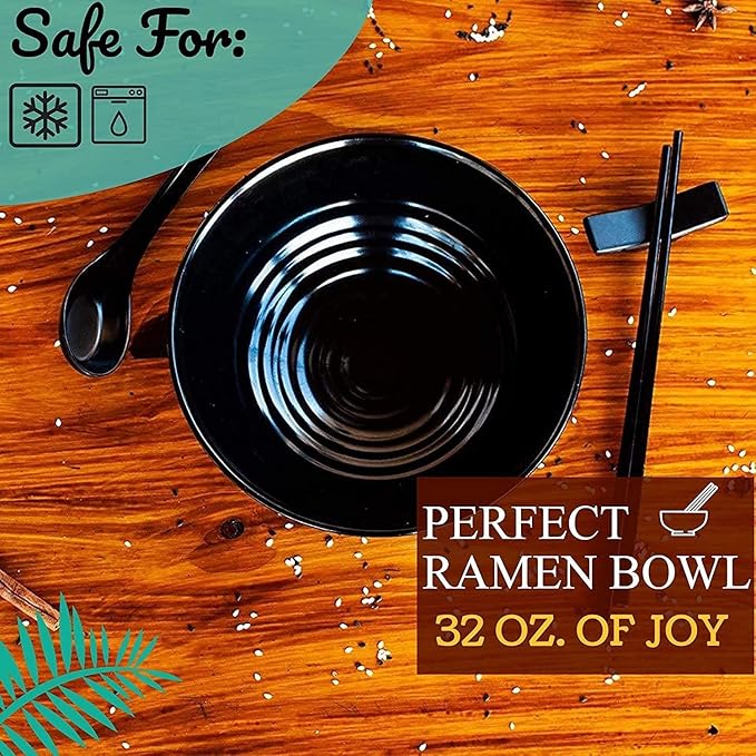 4 Ramen Bowls, 12 pieces Pho set. All Black Asian Japanese soup. Utensil: Spoons And Chopsticks kit. Melamine. Large 37 oz. Noodles, Rice, Udon, Thai, Chinese, Korean, Wonton, Miso