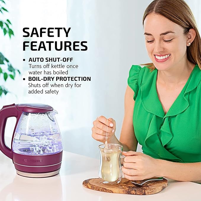 OVENTE Electric Kettle, 1.5L Borosilicate Glass Countertop Water Heater and Boiler for Coffee or Tea, BPA-Free, Auto Shut-Off, Boil-Dry Protection, Removable and Washable Spout Filter, Purple KG83P