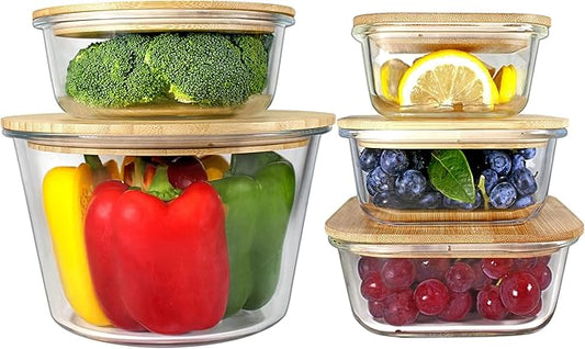 Glass Containers with Bamboo Lids for Food Storage and Meal Prep, Set of 5