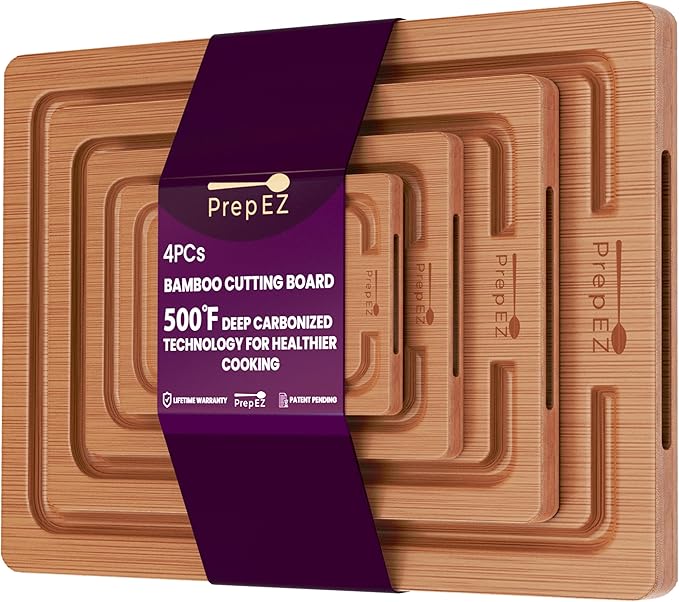Heavy-Duty Cutting Boards for Kitchen – (Pack of 4) Wood Cutting Board Set – Bamboo Cutting Board Set with Deep Juice Grooves – Ideal for Chopping Meat, Vegetables & Fruits, etc.