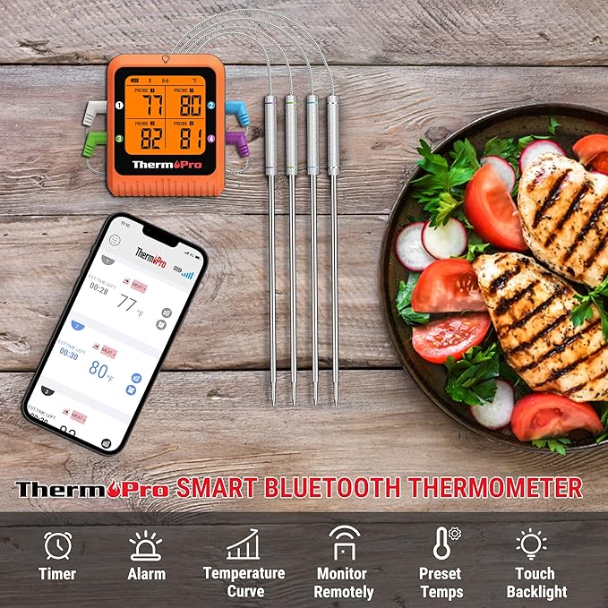 ThermoPro 650 ft Bluetooth Meat Thermometer with 4 Color-Coded Probes, Wireless Meat Thermometer Digital Wireless with Timer, Commercial Cooking Tools & Utensils Rechargeable for Smoker Oven