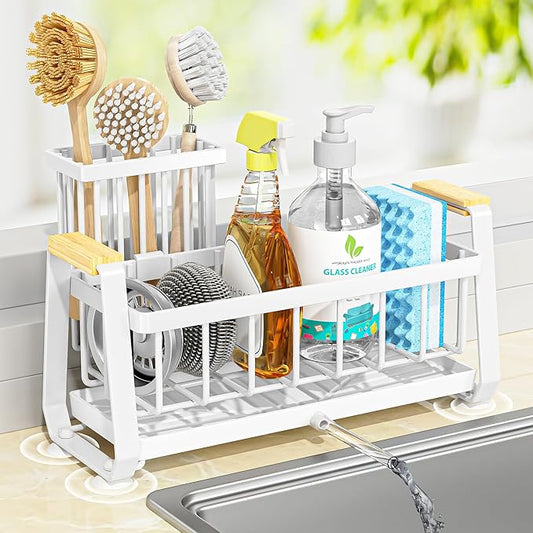 Doasuwish Kitchen Sink Caddy with High Brush Holder,Self-Draining kitchen Countertop Organizer,Rustproof 304 Stainless Steel,Non-Slip Stability High Storage Sponge Holder for Kitchen Sink White
