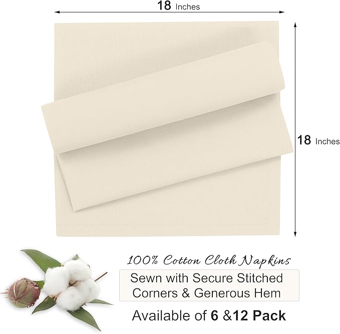 Ruvanti Cloth Napkins Set of 6, 18x18 Inches, 100% Cotton, Washable, Soft & Absorbent, Perfect for Wedding, Christmas, ‎Thanksgiving Dinners - Antique White