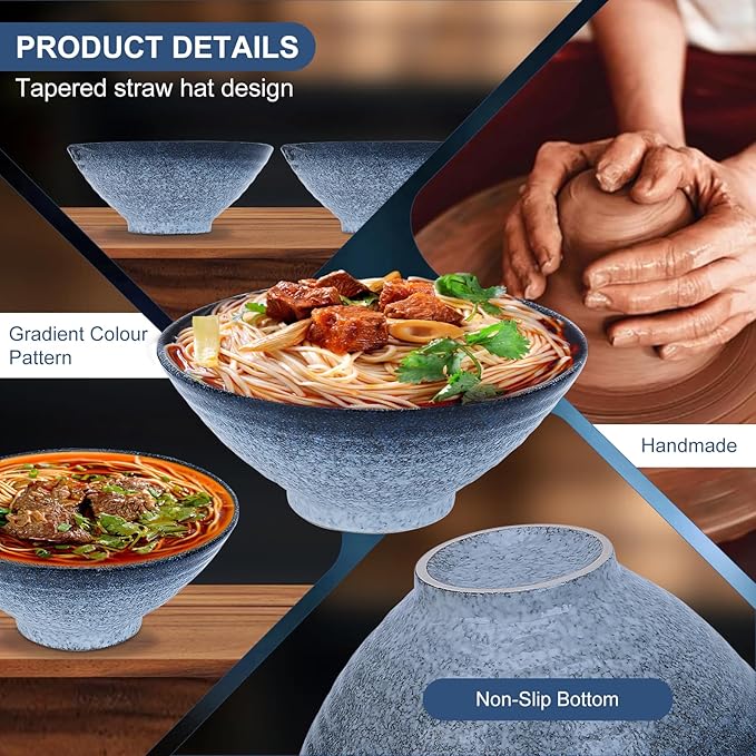 8 Inch Japanese Ramen Bowl Set, Ceramic Pho Bowls and Spoons Set of 2 with Chopsticks and Spoon for Ramen Soup Pho Udon Asian Noodles, Blue