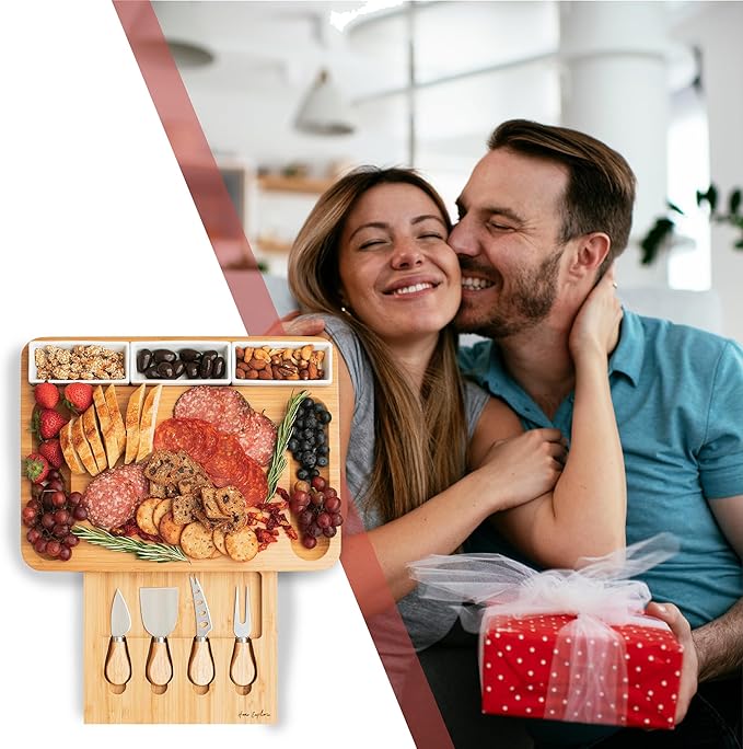 Home Euphoria Large Bamboo Charcuterie Board and Knife Set - Cheese Board with Bowls, Beautiful Gift for Mom