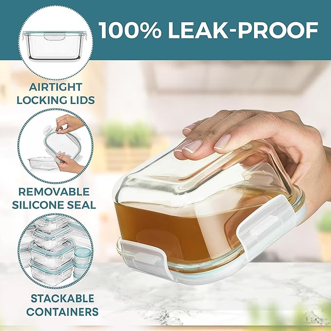 Razab 35 Pc Set Glass Food Storage Containers with Lids - Meal Prep Airtight Bento Boxes BPA-Free 100% Leak Proof (15 lids,15 glass & 5 Plastic Sauce/Dip Containers)