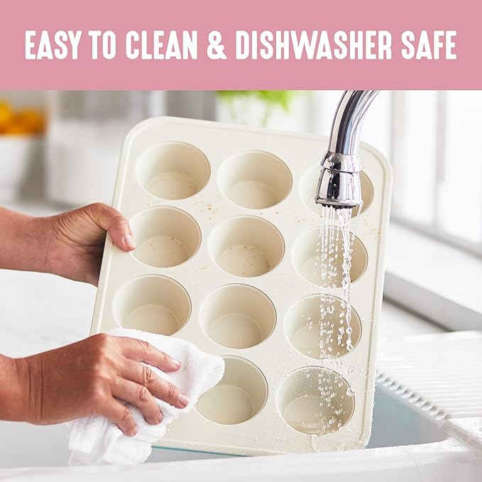 GreenLife 12-Cup Muffin Pan, Healthy Ceramic Nonstick Bakeware, PFOA & PFAS-Free Cupcake Sheet, Durable, Versatile Kitchen Essentials, Easy Clean Muffin Mold, Pink